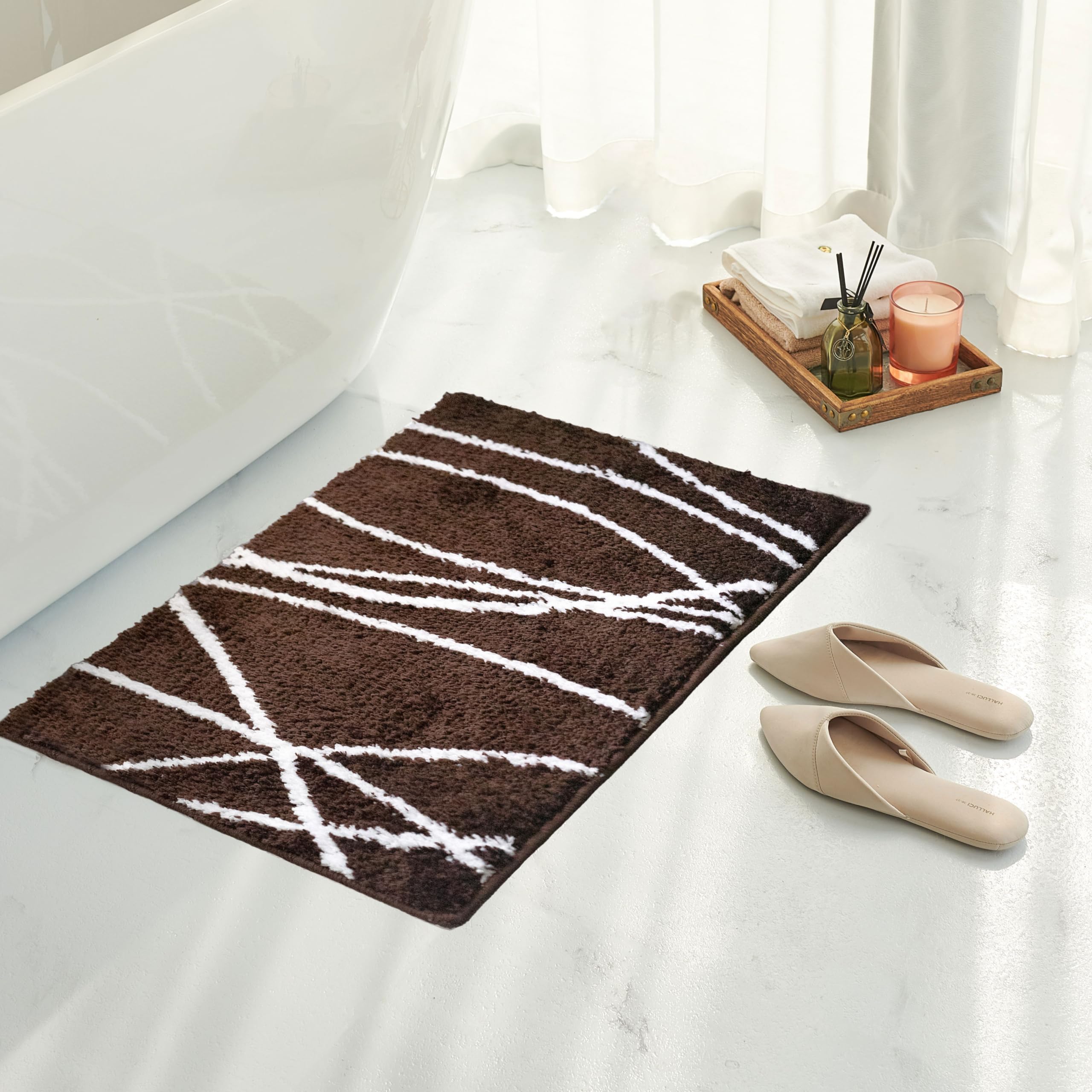 Photo 1 of Tititex Luxury White Brown Curve Line Bathroom Rug, 16x24 inch Classic Extra Soft and Absorbent Microfiber Bath Rugs, Non-Slip Plush Shaggy Bath Carpet, Bath Mats for Floor, Tub and Shower
