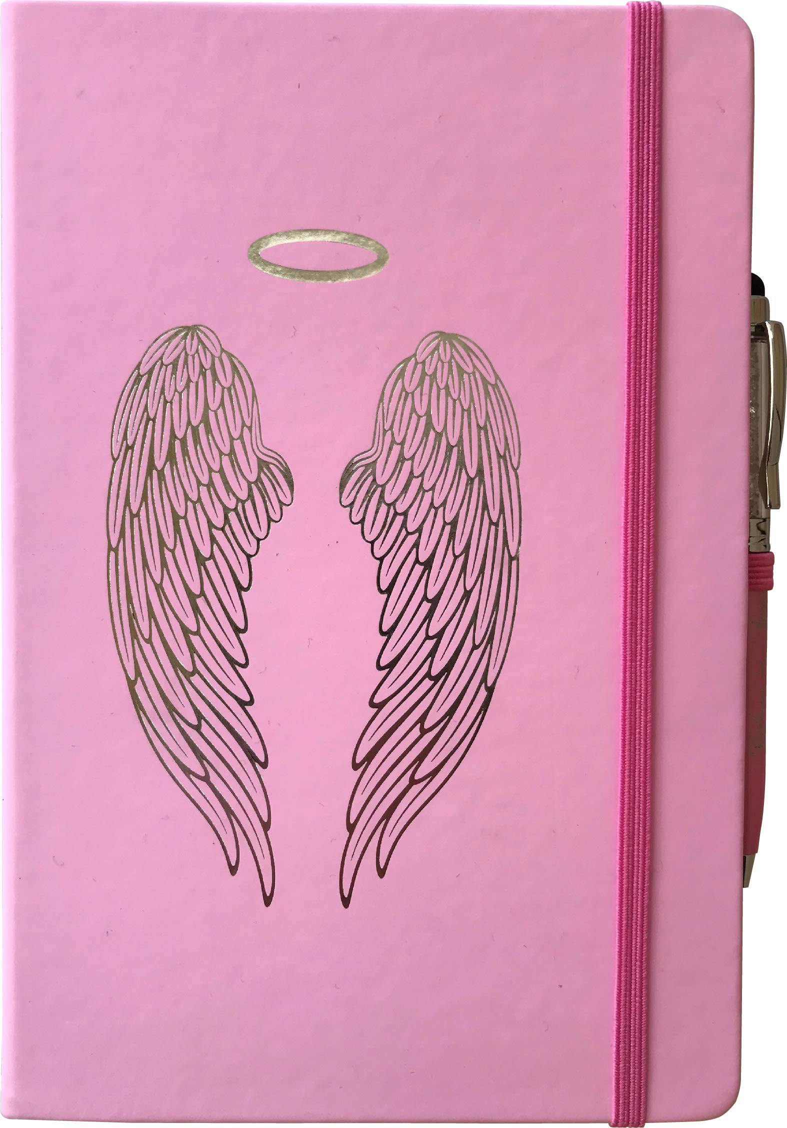 A5 Pink hardcover Notebook with Silver foil Blocked Angel Wings and Engraved Ballpoint Pen. Angel Feather Included Inside Cover.