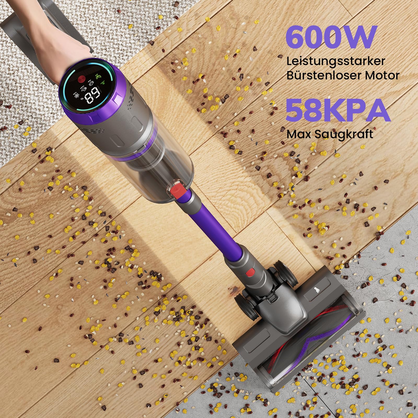 Circlio Akku Staubsauger, 600W/58000Pa/75Min, Laufzeit Staubsauger Kabellos mit Smart LED Display und Ladestation, Selbststehender Akkusauger mit Antitanglebürste für Teppich, Hartboden und Tierhaare 2