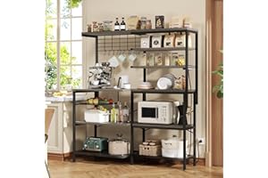 iabifo L-Shaped Bakers Rack with Power Outlet, 6-Tier Microwave Stand with Storage, Coffee Bar, Kitchen Shelf with Wire Basket, Hooks, Grey