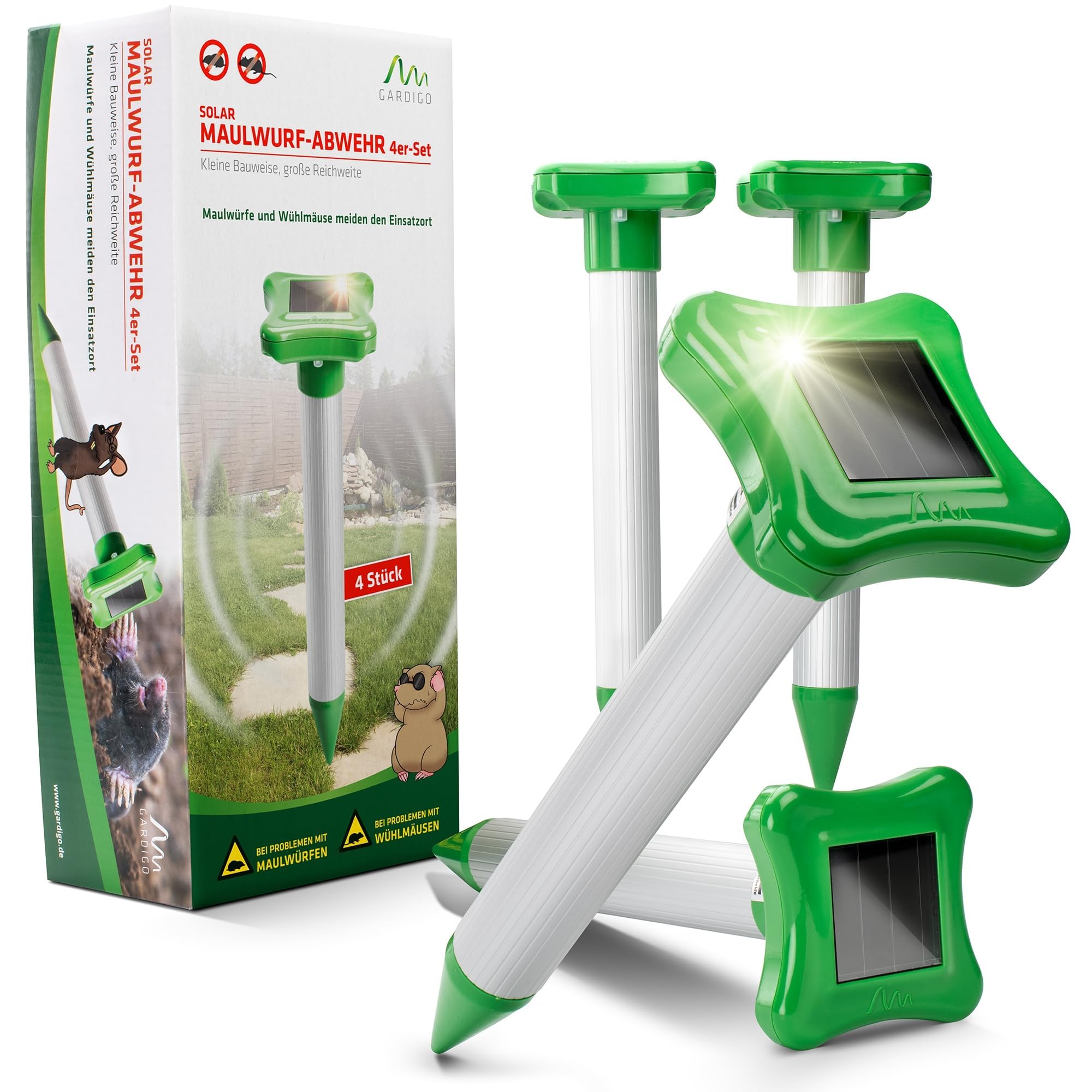 Gardigo, set of 4 solar, mole repellents, mole defence, vole fright, pest repellent with aluminium rod and IP56, 700 m² per unit, for tillage free of animals