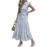 Caracilia Womens Summer Casual Ruffle Cap Sleeve Maxi Dress Button Down Striped Plaid Tie Waist Vacation Long Shirt Dresses