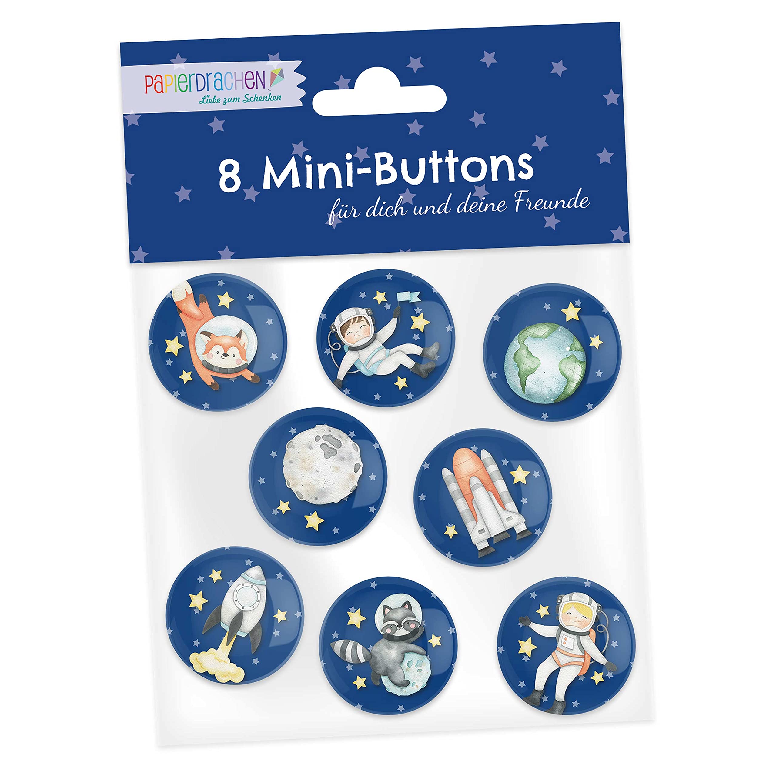 Papierdrachen 8 Mini Buttons (25mm) as giveaway for children's birthday | decoration for pencil case or school bag | gift for the start of school - design astronaut - set 5