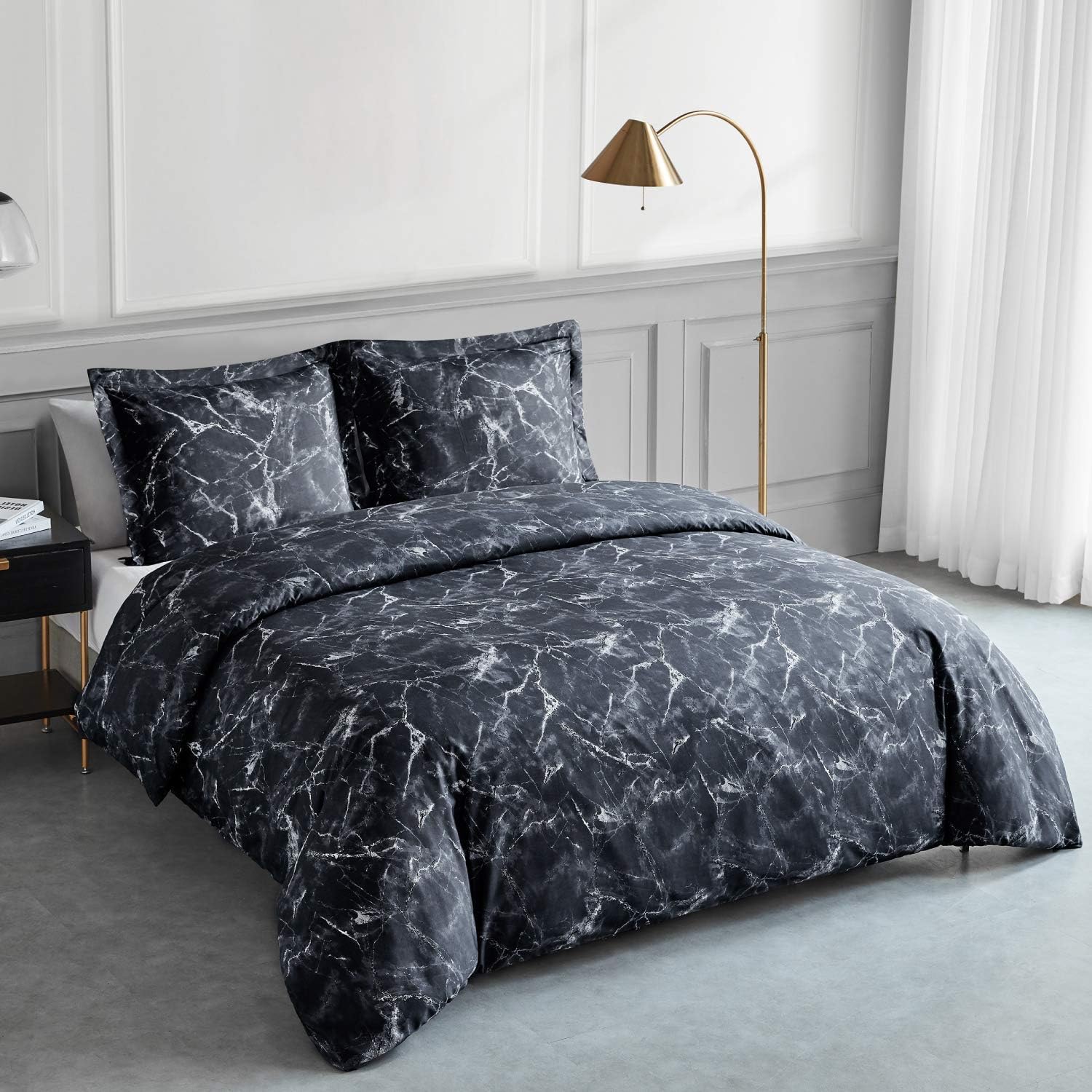 Bedsure Printed Duvet Cover Set King Size Black Marble Pattern 3 pcs with Zipper Closure + 2