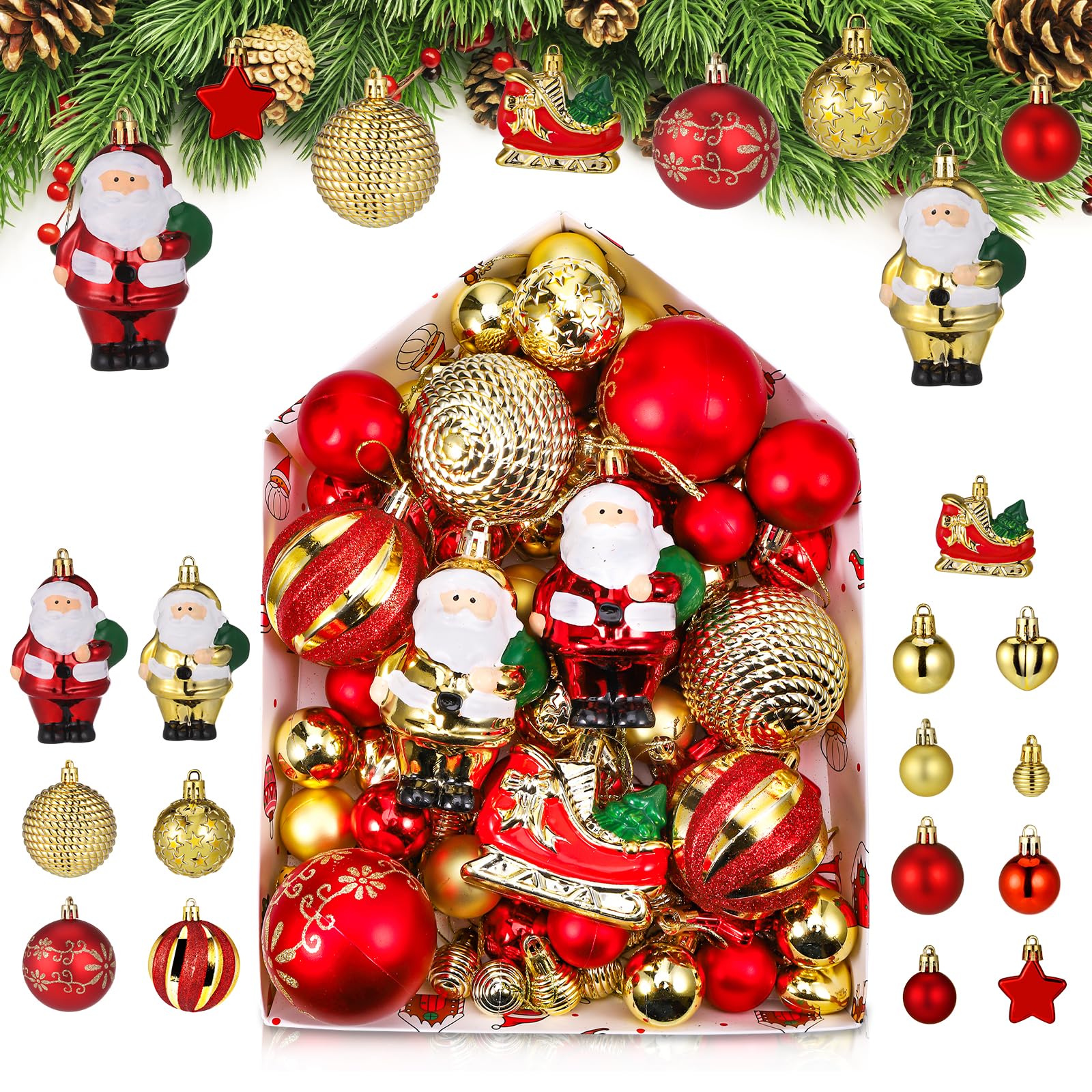 Kssvzz 72Pcs Gold & Red Christmas Baubles, Shatterproof Tree Decorations Set, Ball Ornaments for Festival Party Holiday Decor