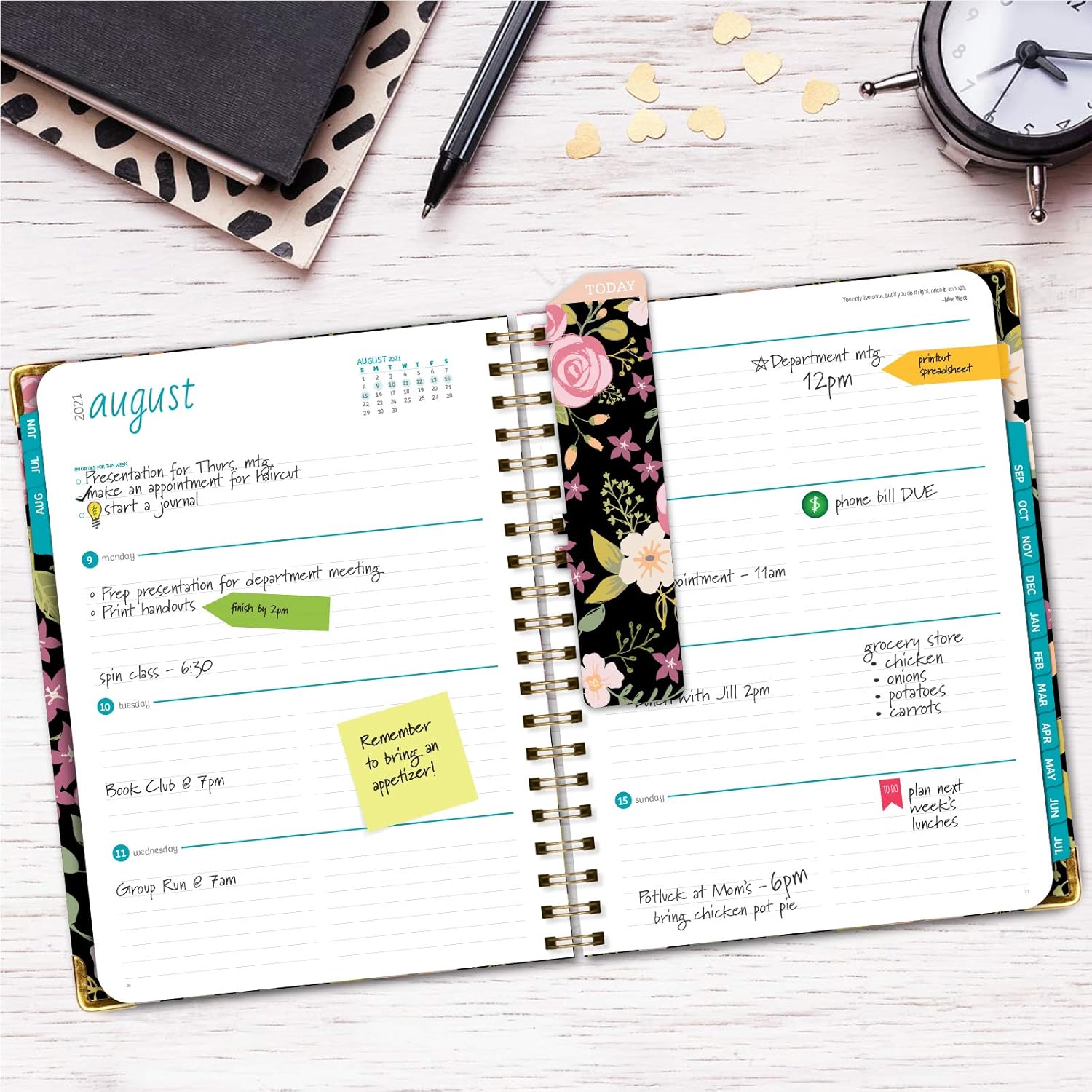 HARDCOVER Academic Year 2021-2022 Planner: (June 2021 Through July 2022) 8.5"x11" Daily Weekly Monthly Planner Yearly Agenda. Bookmark, Pocket Folder and Sticky Note Set (Black Floral) : Office Products