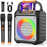 Portable Karaoke Machine with 2 Wireless Microphones Bluetooth Karaoke Speaker with PA System for Adults,Parties,Home Use,Support BT/TF/USB/AUX/FM,Recording,LED Lights,Powerful Bass and Treble(K168W)