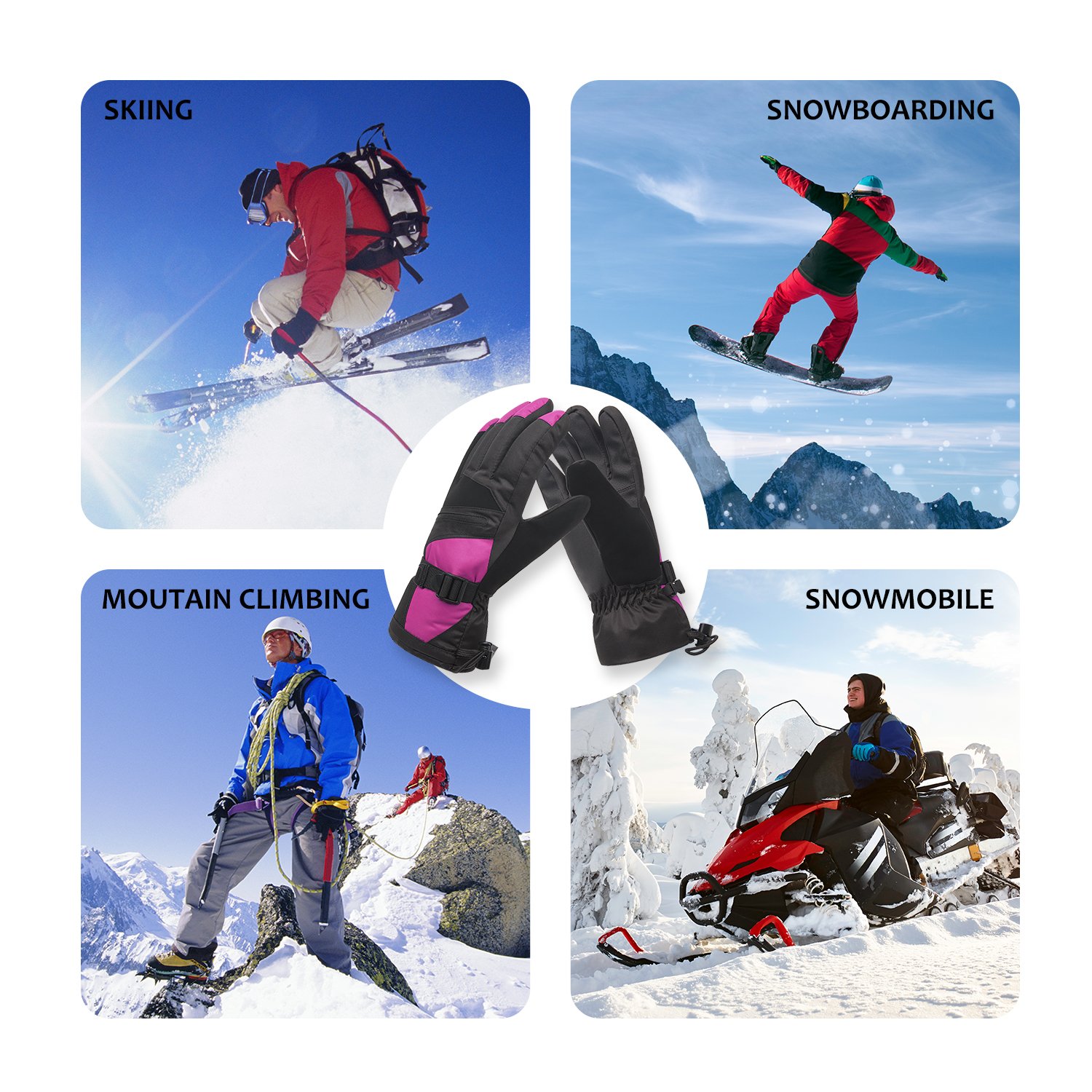 Womens Winter Waterproof Ski Gloves The Warmest 3M Insulation Outdoor Windproof Snowboarding Mittens Pink