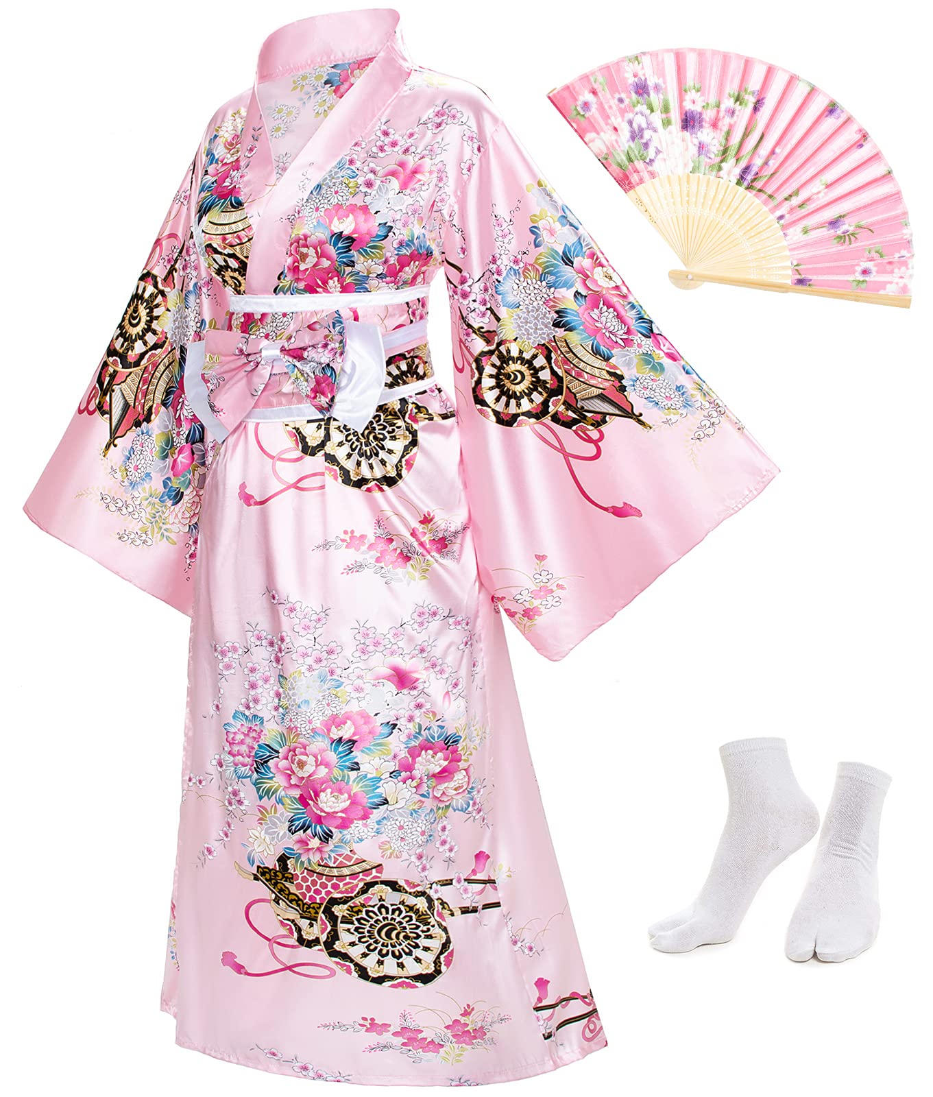 Photo 1 of Japanese Anime Women's Long Kimono Robe Fancy Dress Hand Held Silk Folding Fans Tabi Socks OBI Belt Set Pink Plus Size