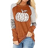 Halloween Pumpkin Shirt Women Leopard Graphic Tees Long Sleeve Fall Pumpkin T-Shirt Thanksgiving Gift Tops