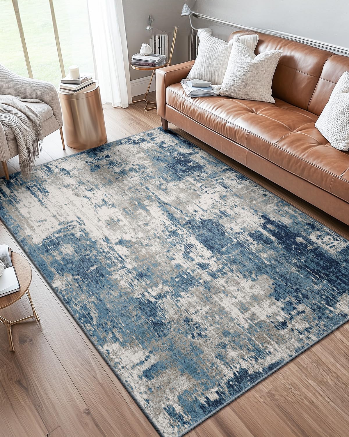 DEFYNEE Modern Abstract Rugs Living Room 90x150 cm Non-Slip Soft Low-Pile Washable Rug for Hallway, Bedroom, and Kitchen-Greyblue