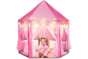 FoxPrint Castle Princess Tents for Little Girls with Lights, Soft Fairy Star Lighting for Indoor and Outdoor Play, Quick 55” x 53” Pop Up Canopy, Relaxation and Creative Space for Kids, Pink