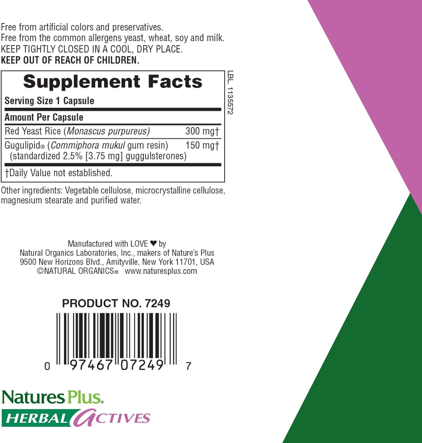 NaturesPlus Herbal Actives Red Yeast Rice Gugulipid - 450 mg, 120 Vegan Capsules - Heart Health Supplement, Cholesterol Support - Vegetarian, Gluten-Free - 120 Servings: Health & Personal Care