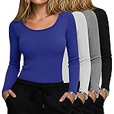 Yearntown 4 Pack Women’s Underscrub Shirts, Ribbed Cotton Scrub Tops Long Sleeve Scoop Neck Tees Slim Fit Basic Layer Shirts