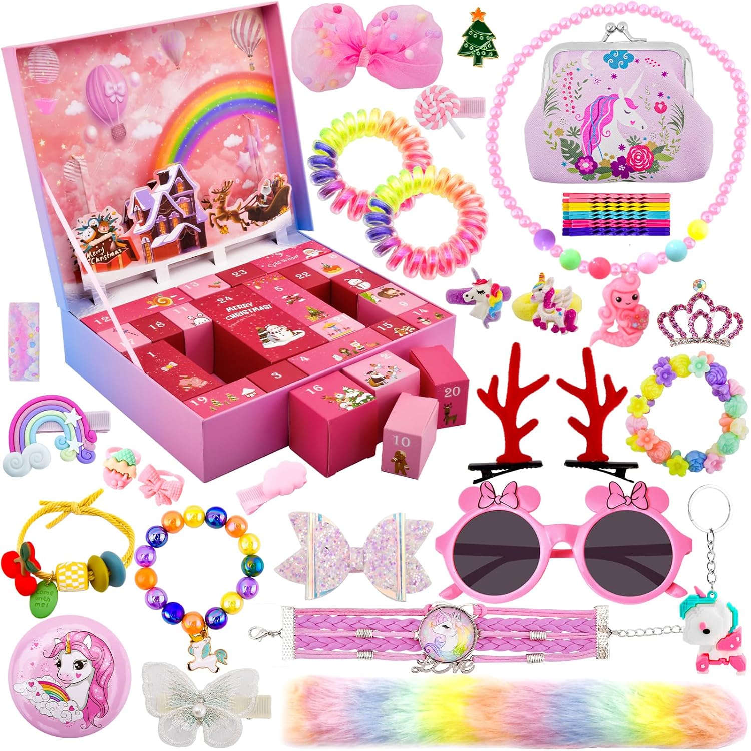 Advent Calendars - Christmas Countdown Calendar for Girls, Advent Calendar 2023 for Kids, 24 Days Jewelry Xmas Count Down Gifts, Including Hair Accessories, Unicorn Bracelet, Ring, Hair Clips, Necklace, Coin Purse, Keychain
