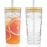 Icesip 2 Pack 20oz Hobnail Drinking Glasses with Bamboo Lids and Glass Straw,High Borosilicate Glass Tumbler Cup Reusable Wide Mouth Smoothie Cups,Beer, Iced Coffee Glasses, Soda