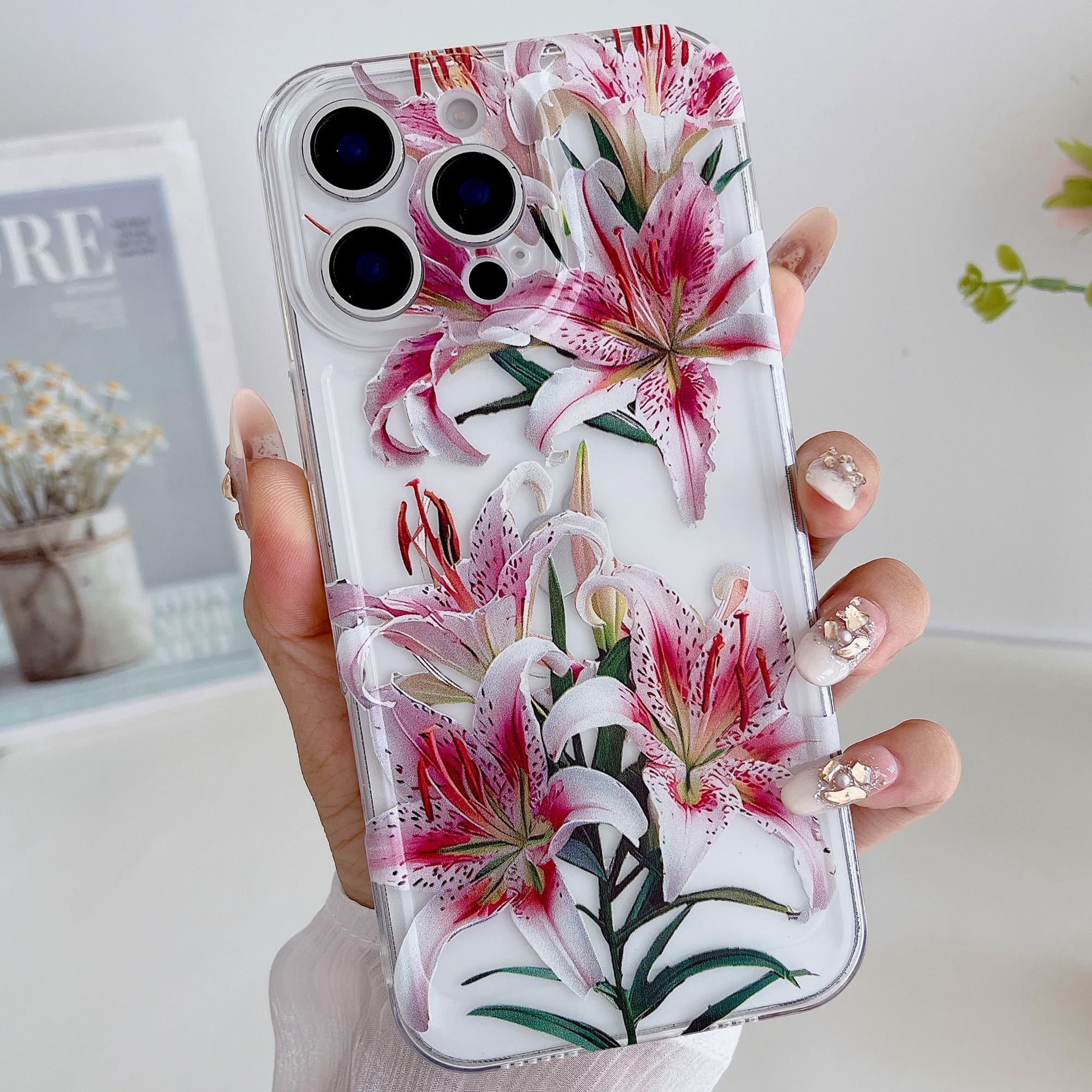 HYUEKOKO for iPhone 13 Pro Max Case, Cute Lily Flower Pattern Design for Summer Hawaiian, Clear Shockproof Protective Case for Girls Women-Transparent