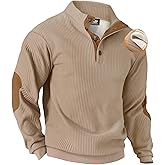 VOGSTART Men's Textured Sweatshirt Fleece Lined Thermal Elbow Patches Heavyweight Pullover Khaki Stripe S