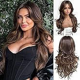 Jolelyne Highlight Dark Brown Layered Wavy Wig With Curtain Bangs for Women Dark Brown Mixed Honey Blonde Wavy Wig Natural Looking Synthetic Blonde Layered Heat Resistant for Daily Party Use 24inch