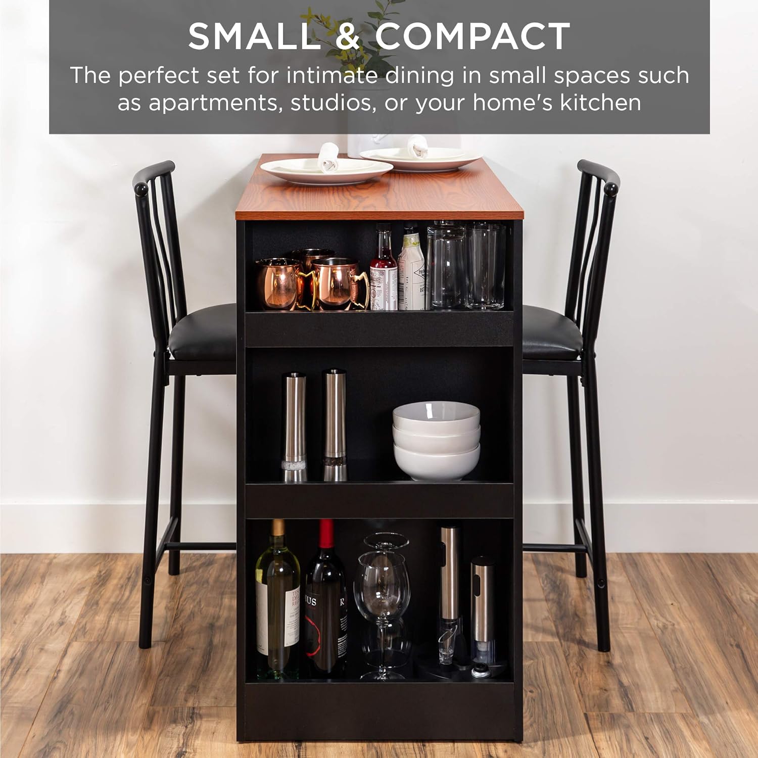 Best Choice Products 3-Piece 36in Wooden Counter Height Dining Table Set for Kitchen, Dining Room w/Storage Shelves, Metal Frame, 2 Barstools - Espresso - Table & Chair Sets
