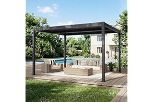 MELLCOM Pergola Louvered, Metal Hardtop Pergola with Adjustable Roof for Sun & Rain Shade, Outdoor Gazebo with Integrated Dra