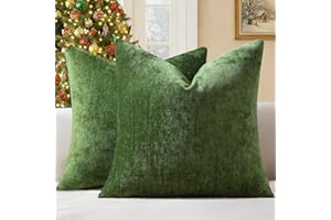 decorUhome Chenille Moss Green Christmas Throw Pillow Covers 18x18 Inch Set of 2, Decorative Soft Couch Pillow Covers Solid Dyed Accent Farmhouse Neutral Square Pillow Cases for Sofa