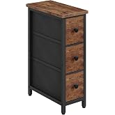 CHOEZON Narrow Side Table with 3 Fabric Drawers, Industrial Slim Bedside Table for Small Spaces, Bedroom, Living Room, Dormitory, Rustic Brown and Black TBZ09BF