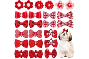 GVHNTK 24Pcs Red Small Dog Hair Bows Cute Puppy Dog Bowknot Hair Bow Bulk with Rubber Bands Elastic Lace Rhinestone Pearls Hair Ties Mix Style Handmade Flower Bow Dog Cat (Red, Strong Pattern)