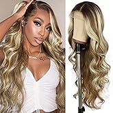 SAPPHIREWIGS 13x4 Lace front Wig Long Blonde with Brown Highlights Wavy for Women Free Part Body Wave Natural Looking Synthetic Heat Resistant Fiber Daily Party Use 26 Inch