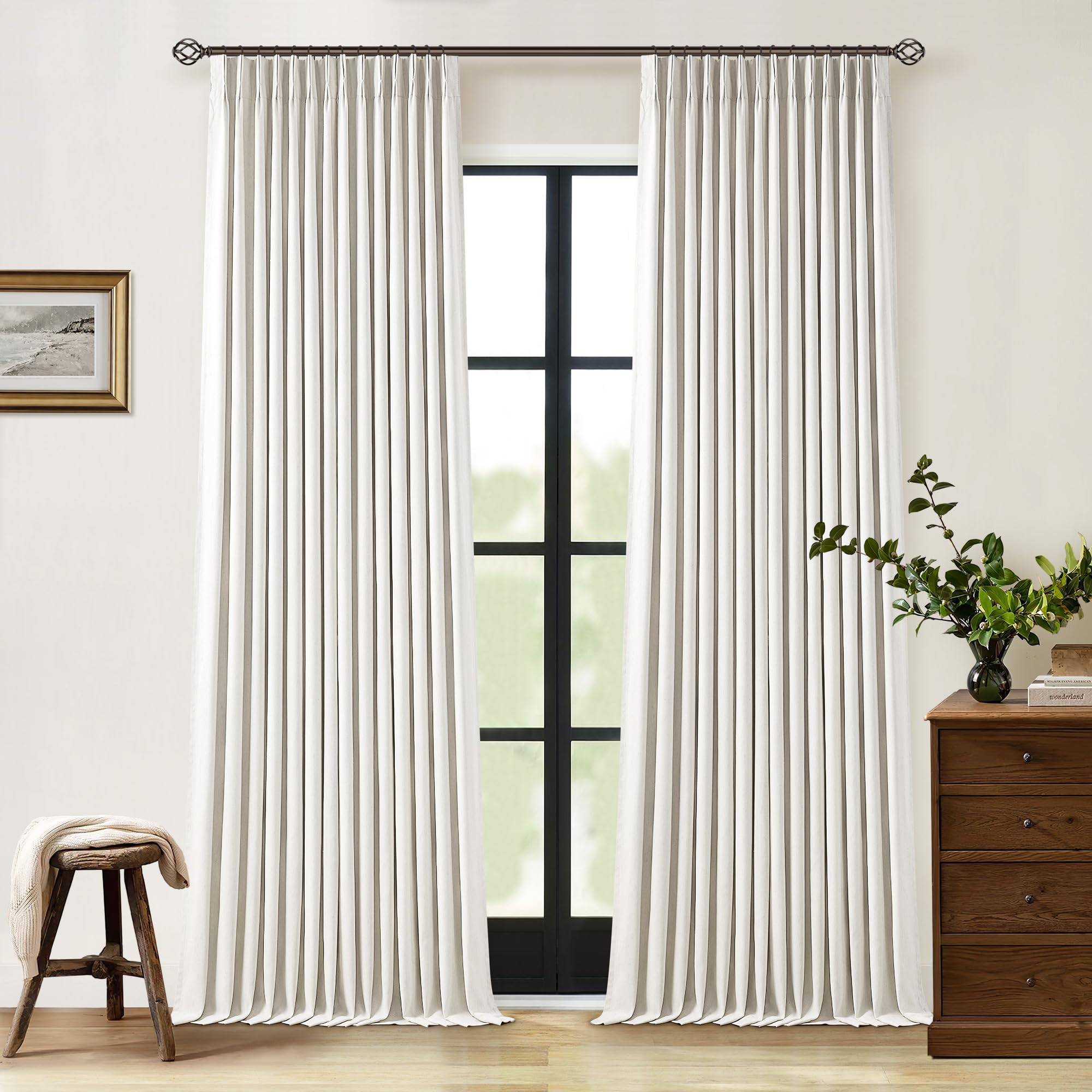 Photo 1 of 90 Inch Pinch Pleated Linen Blackout Curtains 2 Panels for Living Room Cream Natural 100% Black Out Curtains 90 Inches Long Pinch Pleat Dual Layer Drapes Birch Ivory Drapes for Dining Bedroom Office
