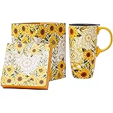 Topadorn Ceramic Mug Porcelain Latte Tea Cup Coffee Mug with Gift Box, Travel Cup with Lid, Microwave & Dishwasher Safe, 17oz Unique Coffee Mug for Latte & Hot Chocolate, Yellow Sunflowers