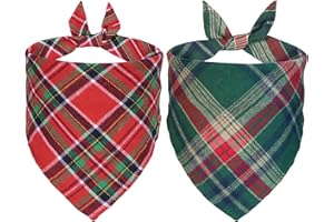 STMK 2 Pack Multi Size Dog Bandanas, Premium Cotton Fabric Plaid Holiday Bandanas for Medium Large Dogs (Red and Green, Large)