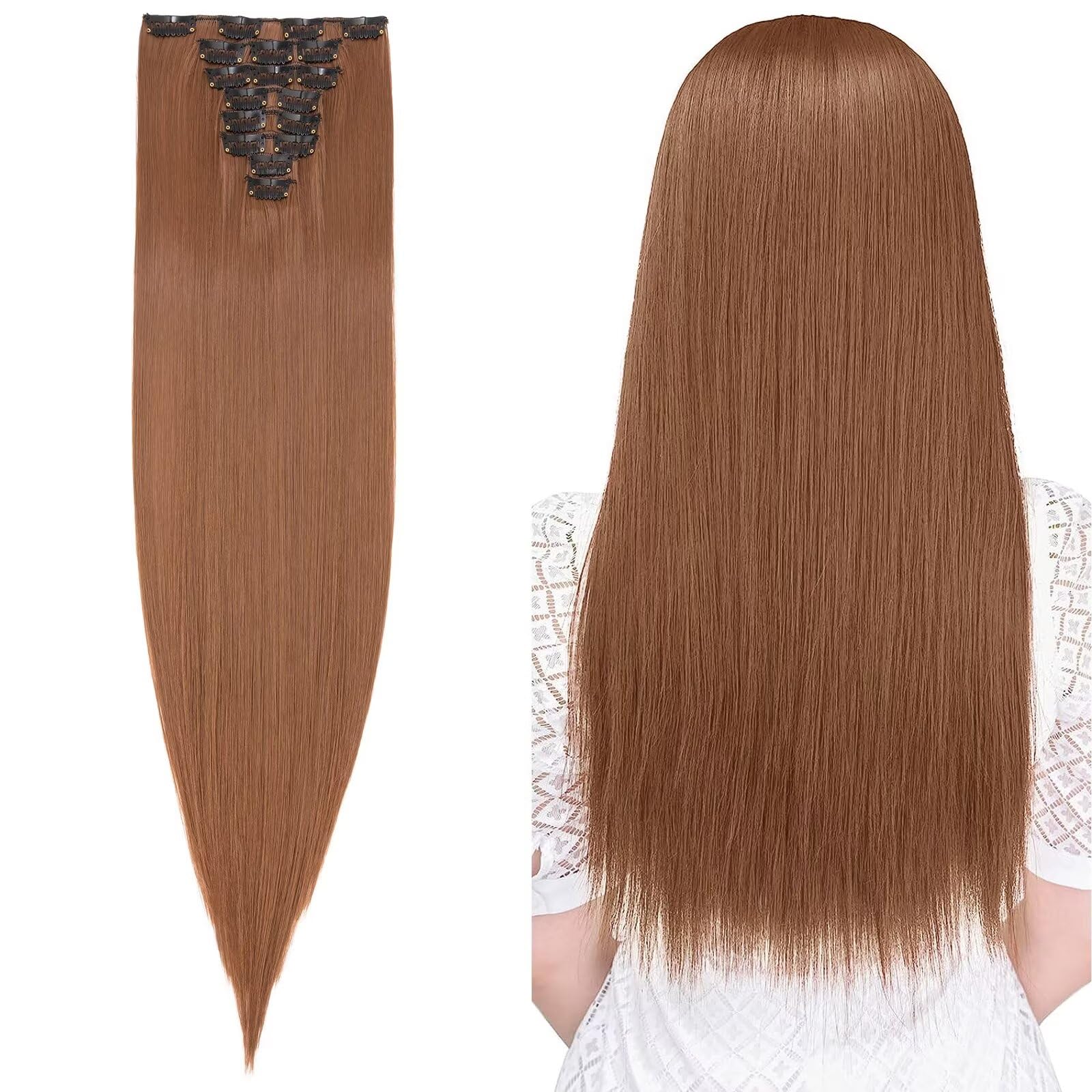Clip in Hair Extension 26 inch Long Straight Hairpiece 8 Pcs 18 Clips Synthetic for Full Head [26" Medium Brown] — image 1