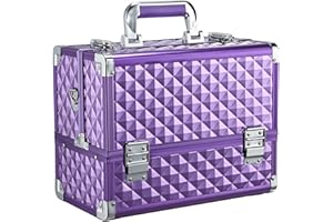 FRENESSA Makeup Train Case Makeup Case 12.6 Inch Large Cosmetic Box Organizer Travel Storage Professional Make Up Train Carrying Case with 6 Trays Locking Shoulder Strap Hard Vanity Storage Purple