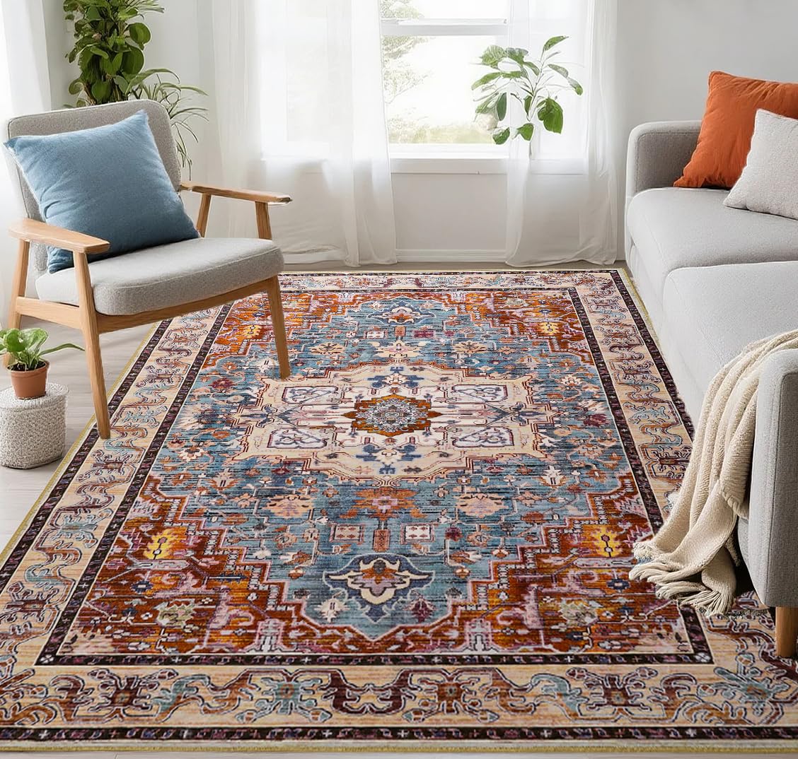 Photo 1 of Washable Area Rugs 5x7, Low Pile Soft Vitnage Distressed Rug for Bedroom, Living Room, Dining Room, Non-Slip, Low Pile, Rust Brown