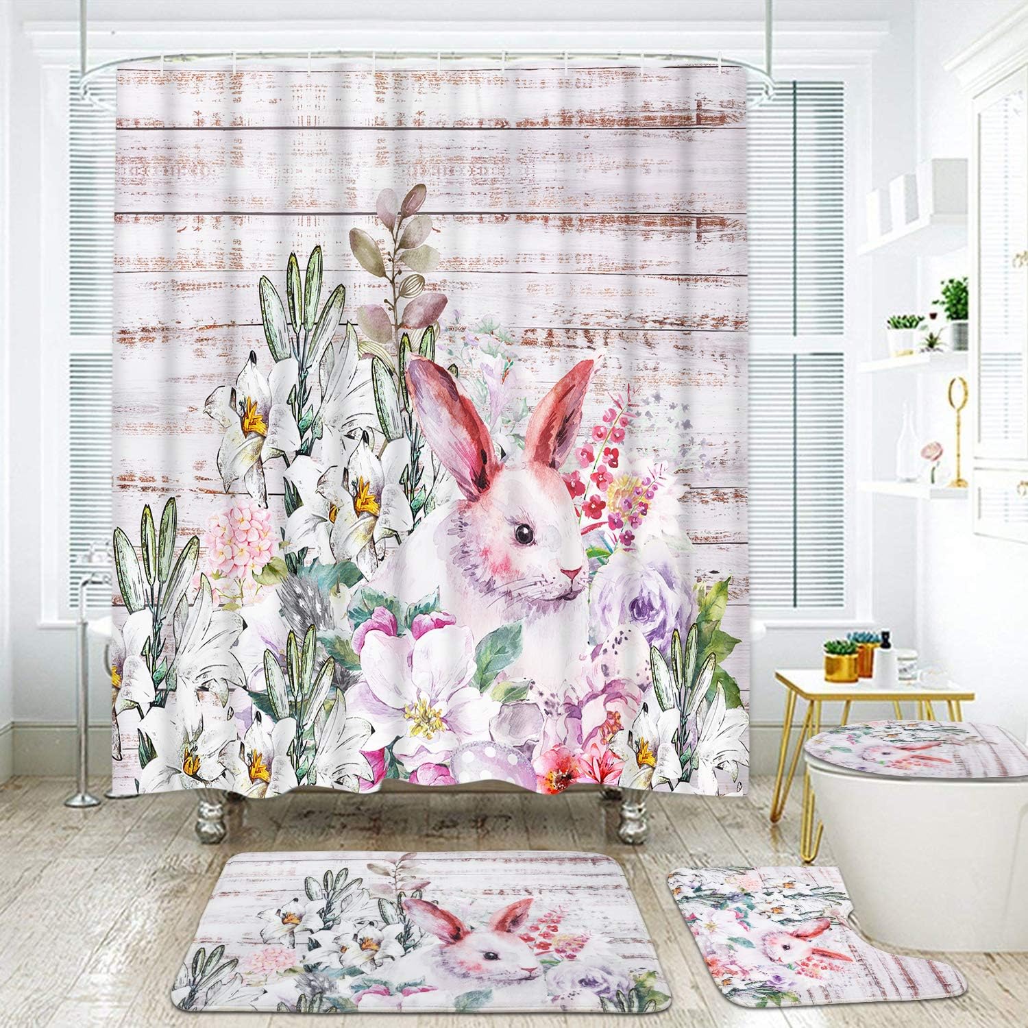Pknoclan 4Pcs Easter Day Shower Curtain Set with Rugs, Toilet Lid Cover