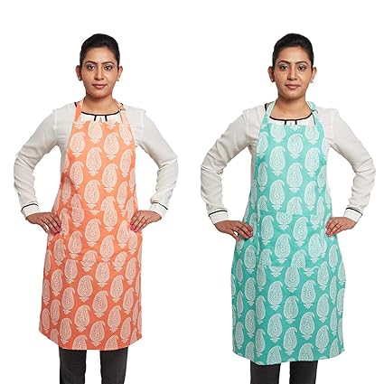 Amazon Brand - Solimo 100% Cotton Kitchen Apron Set, Paisley (Pack of 2, Orange and Blue)