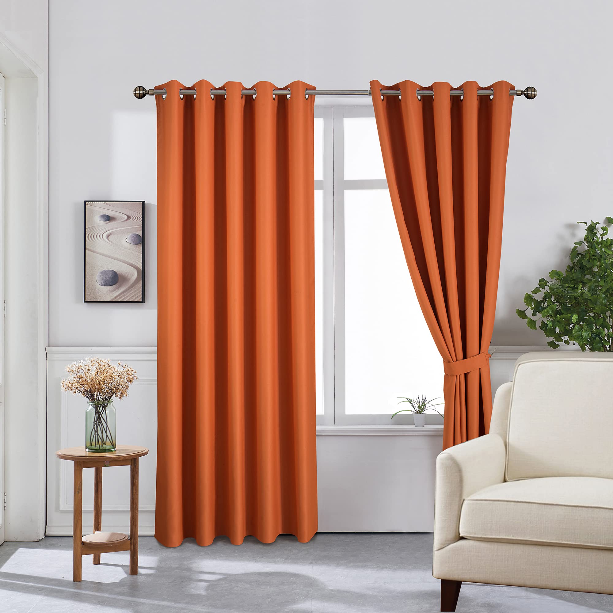 The House Of Emily Blackout Room Darkening Eyelet Bedroom Curtains - Thermal Insulating Window Curtains | Panels | Drapes - 2 Curtain Set - 2 Tie Backs Included (52" x 63", Burnt Orange)