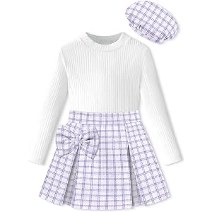 DONWEN Girl Skirt Sets 3 Piece Outfits Crew Neck Ribbed Tops Plaid Mini Skirt Shorts with Bowtie + Beret Fall Winter Clothes