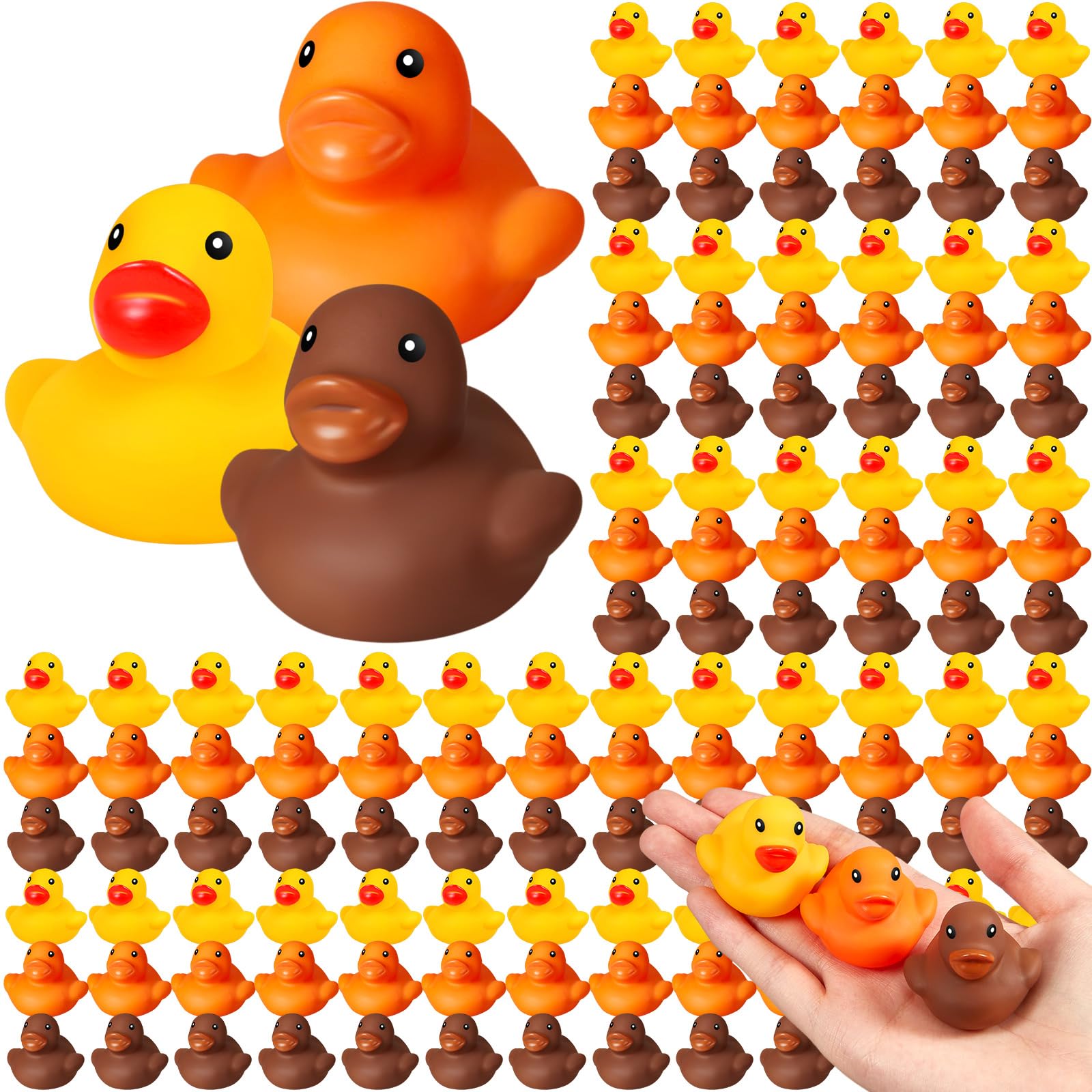 Photo 1 of Glimin 120 Pcs Fall Rubber Ducks Bulk 1.4 Inch Thanksgiving Autumn Floating Bathing Toy Brown Yellow Squeak Ducks for Fall Themed Party Favors Swimming Pool Decoration Gift Class Game Prizes