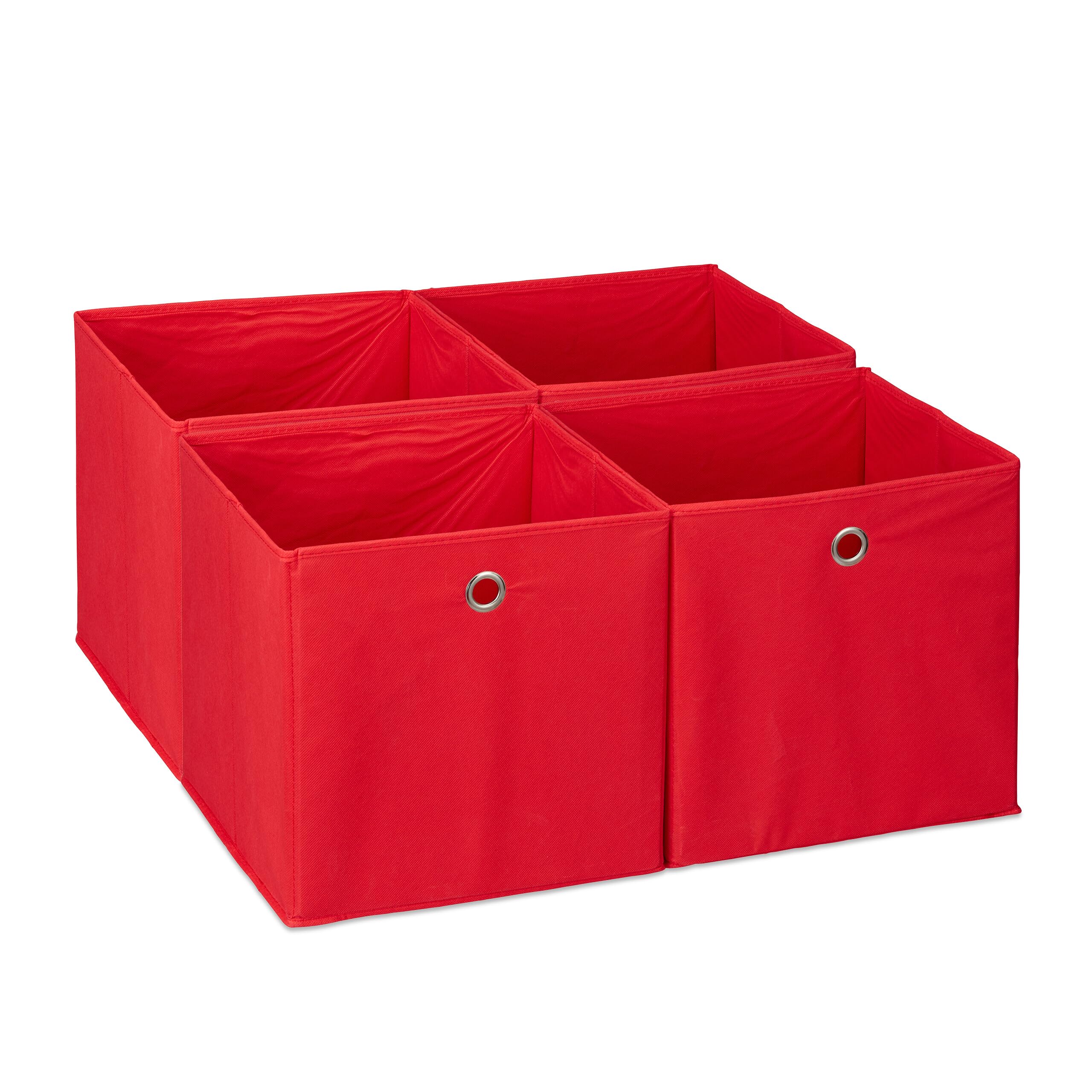 Relaxdays Storage Box Set of 4, Foldable Shelf Baskets, HBD: 30x30x30 cm, Handle Holes, Foldable Organiser Bins, Red