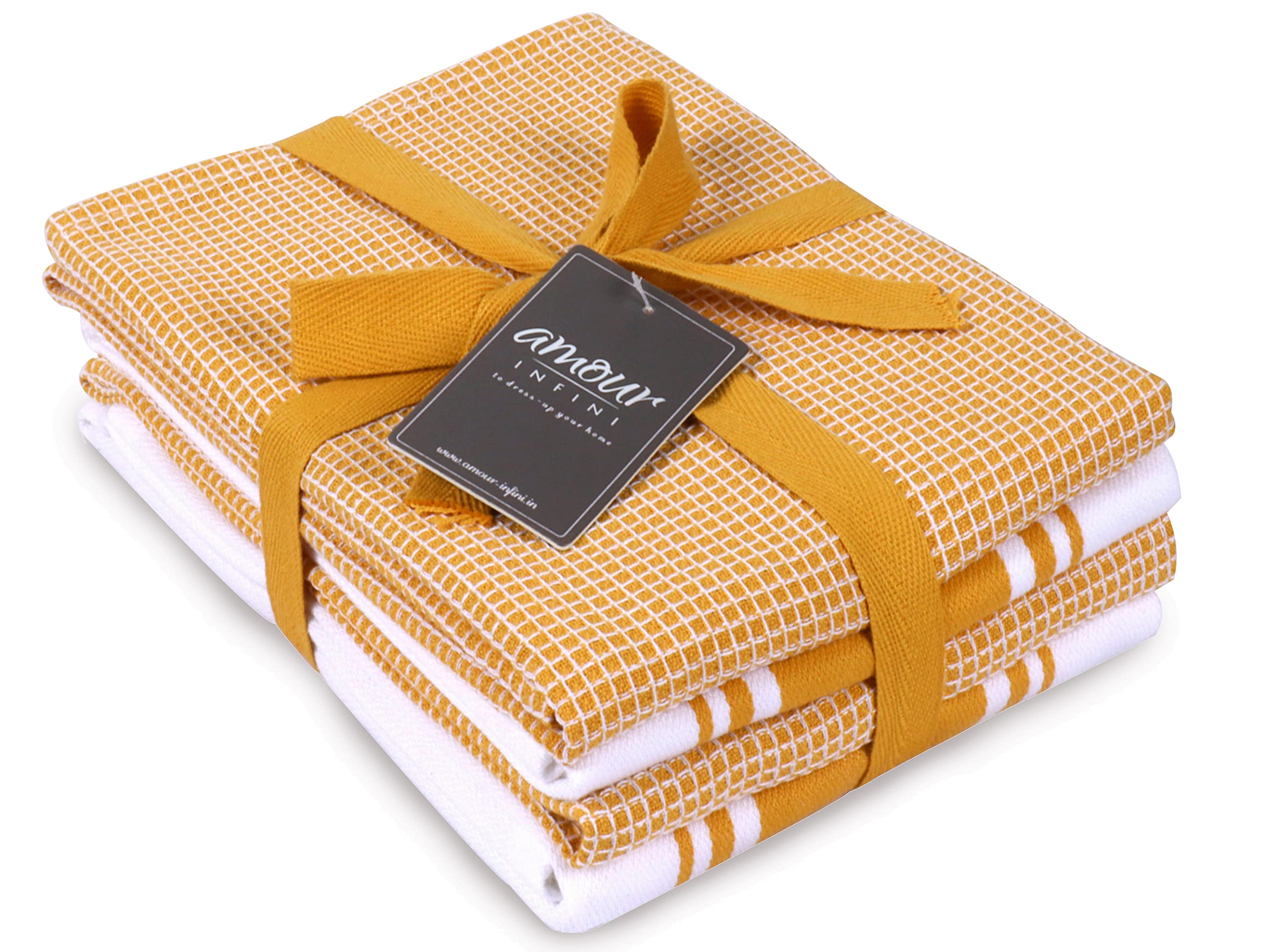 AMOUR INFINI Kitchen Tea Towel Classic Vintage Stripe, Waffle Weave Kitchen Towels Set of 4, 50 x 70 cm Multi-use Dish Towels Hanging Loop Ring Spun Premium Cotton Highly Absorbent Bar Towels | Yellow
