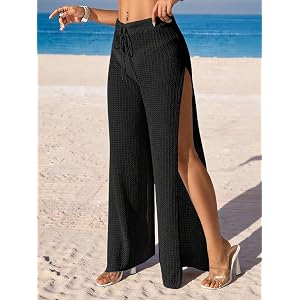 Women's High Slit Cover Up Pants Wide Leg Beach Trousers Drawstring Pants Vacation Outfits