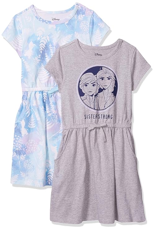 Amazon Essentials Disney | Marvel | Star Wars | Frozen | Princess Toddler Girls' Short-Sleeve Knit Dress, Pack of 2, Grey/Blue/Frozen Sisters/Tie Dye, 4T