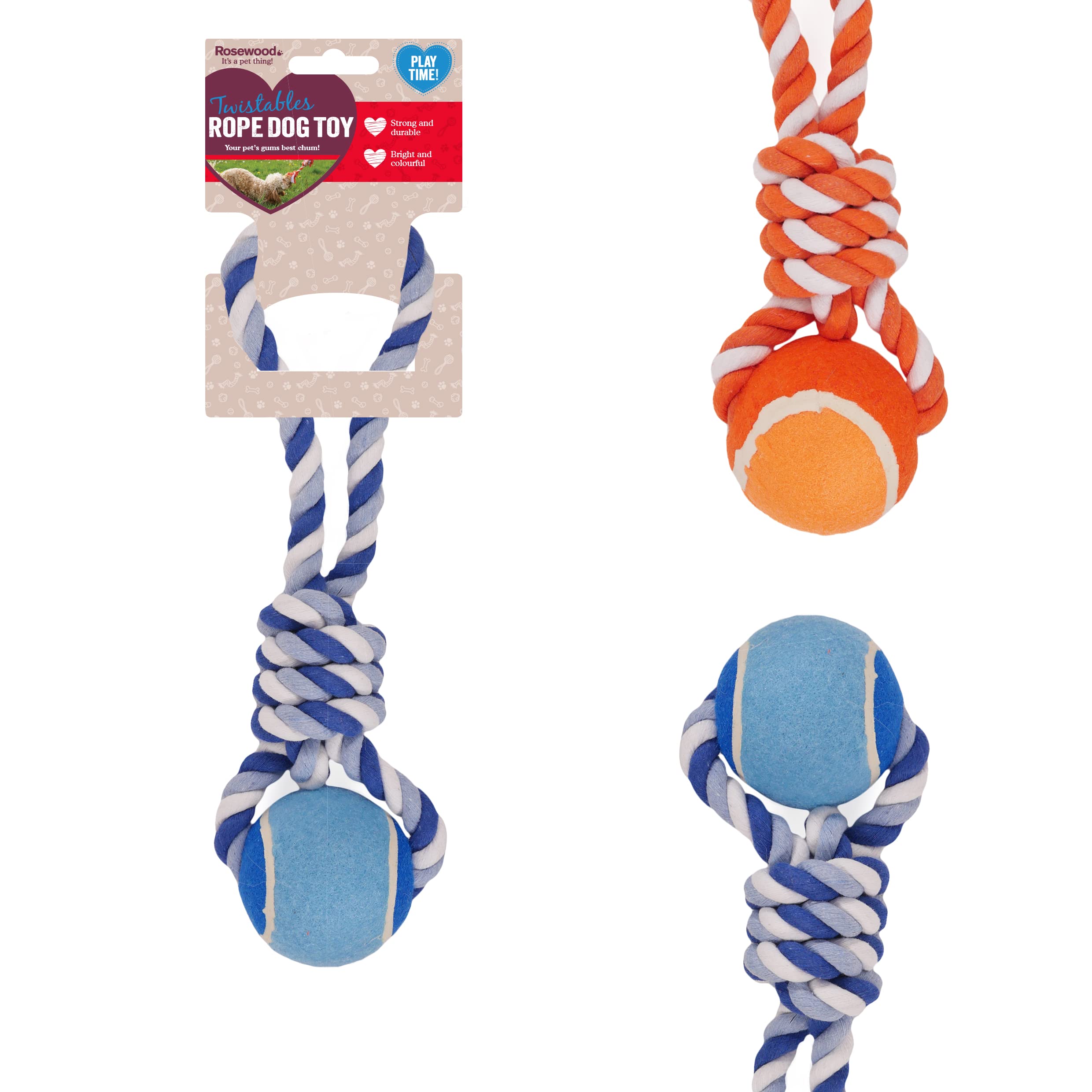 Rosewood Twistables Tennis Ball Rope Tug Toy for Dogs – Durable, Cotton Chew and Fetch Dog Toy for Small and Medium Breeds, Assorted Blue or Orange Colours
