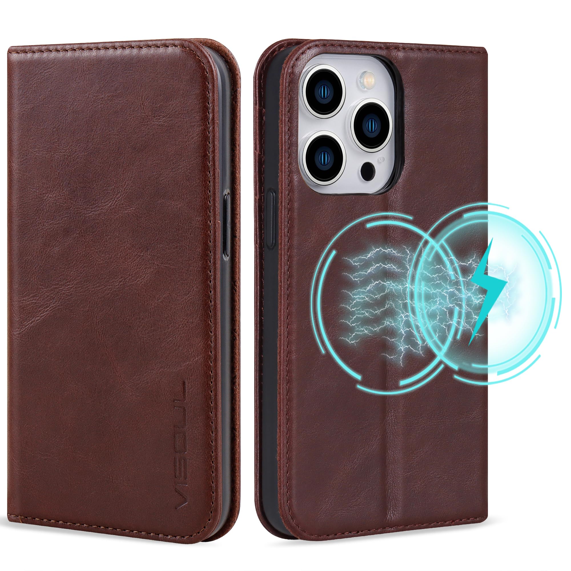 VISOUL Oil Waxed Genuine Leather Wallet Case Compatible with iPhone 15 Pro Max 6.7-inch 2023 with 4 Card Slot, Kickstand, Magnetic Flip Cover, Shockproof and Soft TPU Shell-Coffee