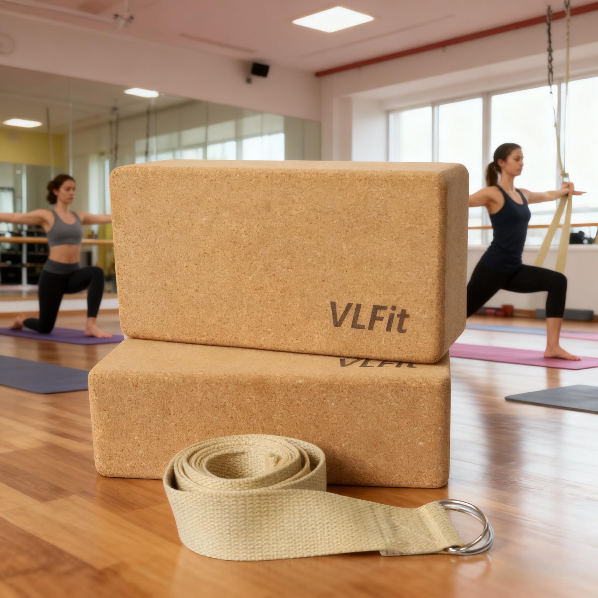 VLFit CORK Yoga Block Set of 2 – with Yoga Strap Made from 100% Cotton – Environmentally Friendly Yoga Block – Ecologically manufactured of natural cork – Set of 2 Blocks & Strap