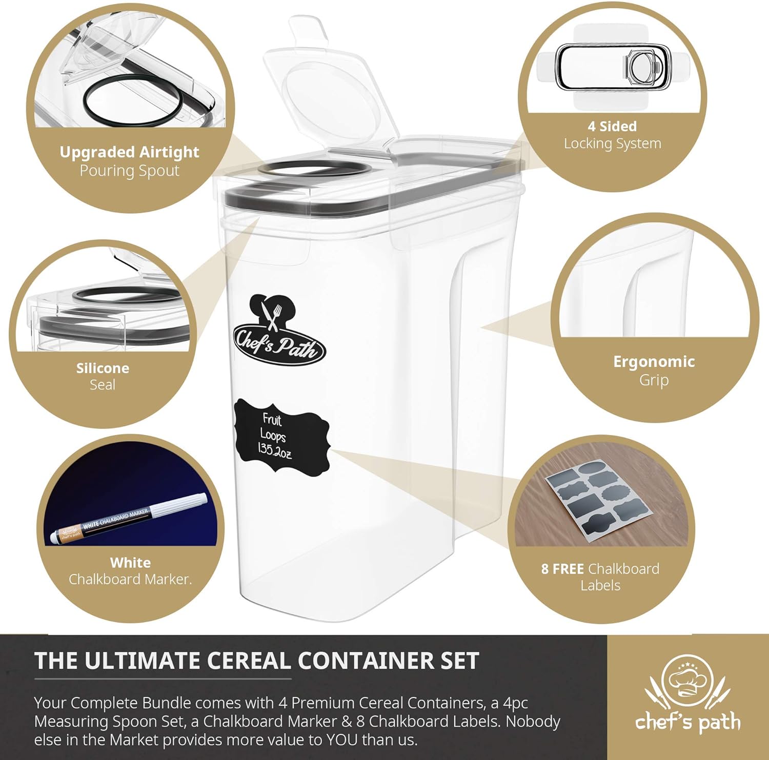 Cereal Container Storage Set - Airtight Food Storage Containers, Kitchen & Pantry Organization, 8 Labels, Spoon Set & Pen, Great for Flour - BPA-Free Dispenser Keepers (135.2oz) - Chef’s Path: Kitchen & Dining