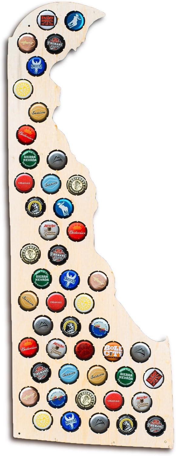 Delaware Beer Cap Map - Holds Craft Beer Bottle Caps - Perfect gift for DE beer lovers, guys, brothers, dad, and grads (Natural)