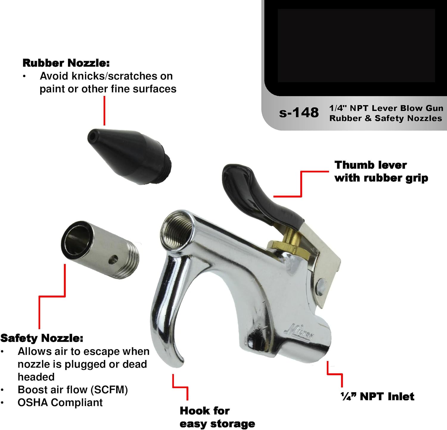 Milton (S-148) 1/4" NPT Lever Blow Gun - Rubber and Safety Tip Nozzles - Air Compressor Accessories - 